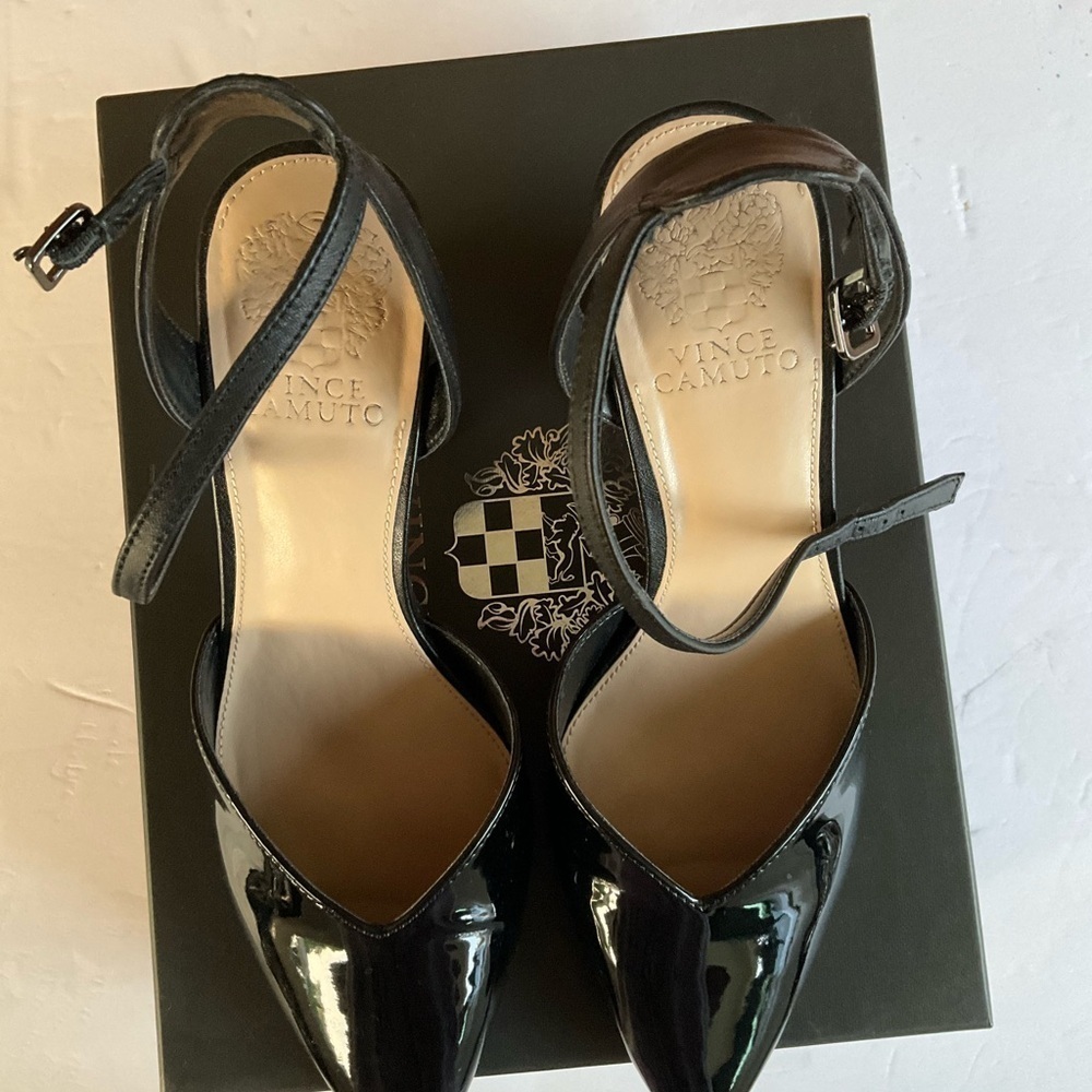 Vince Camuto Black Slingback Heels with Ankle Closure Patent Faux Leather - Picture 5 of 12